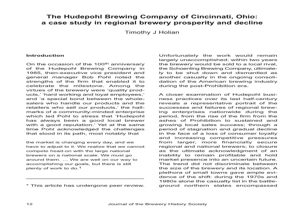 The Hudepohl Brewing Company of Cincinnati, Ohio: a Case Study in Regional Brewery Prosperity and Decline