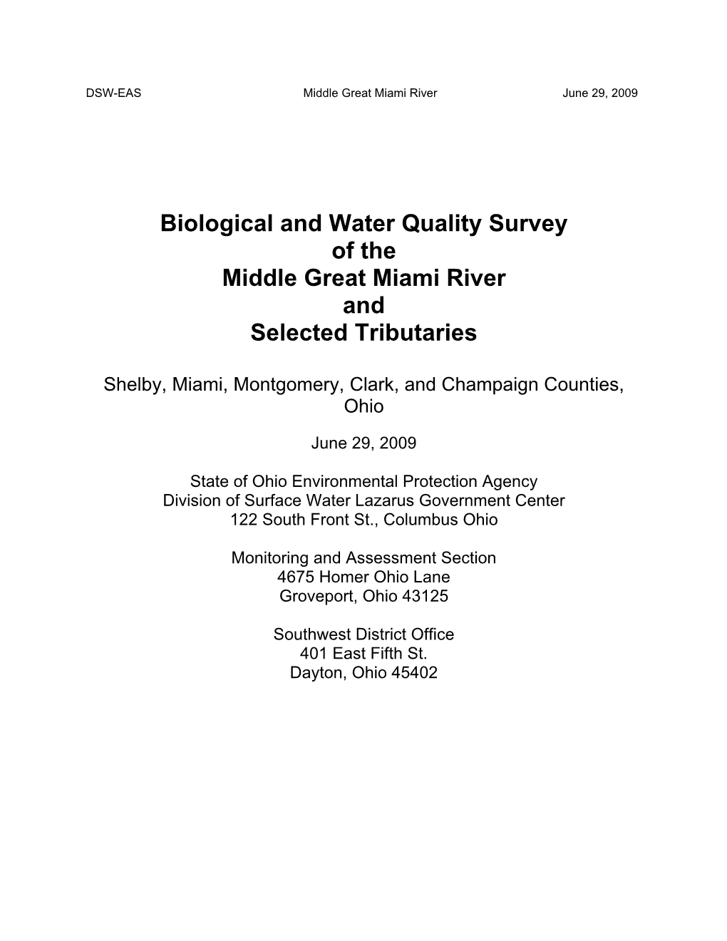 Biological and Water Quality Survey of the Middle Great Miami River and Selected Tributaries