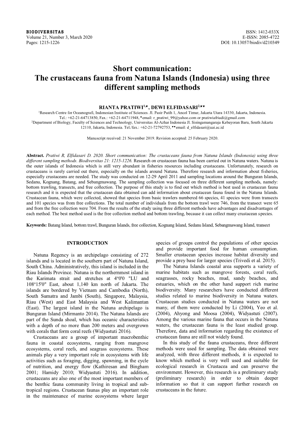 The Crustaceans Fauna from Natuna Islands (Indonesia) Using Three Different Sampling Methods