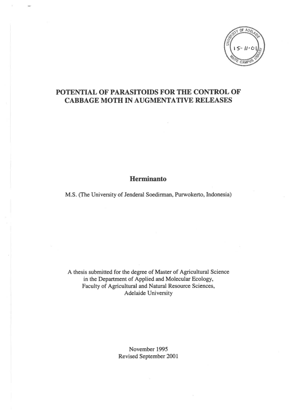 Potential of Parasitoids for the Control of Cabbage Moth in Augmentative Releases