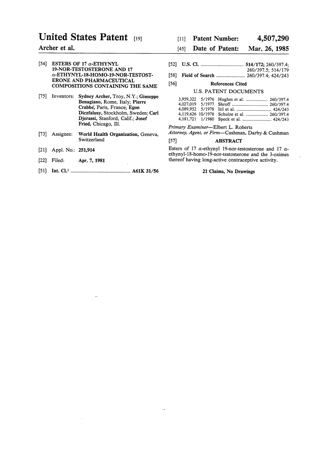 United States Patent (19) 11) Patent Number: 4,507,290 Archer Et Al