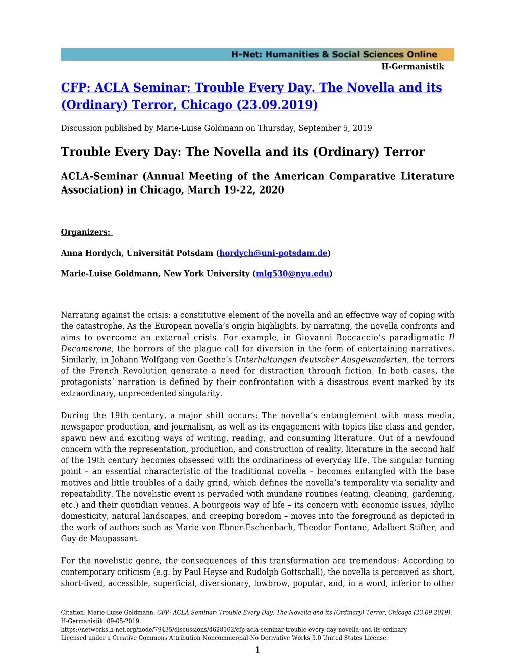 CFP: ACLA Seminar: Trouble Every Day