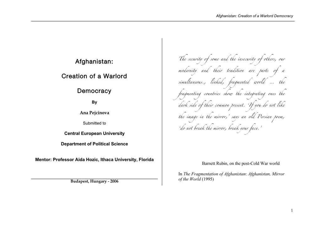 Afghanistan: Creation of a Warlord Democracy