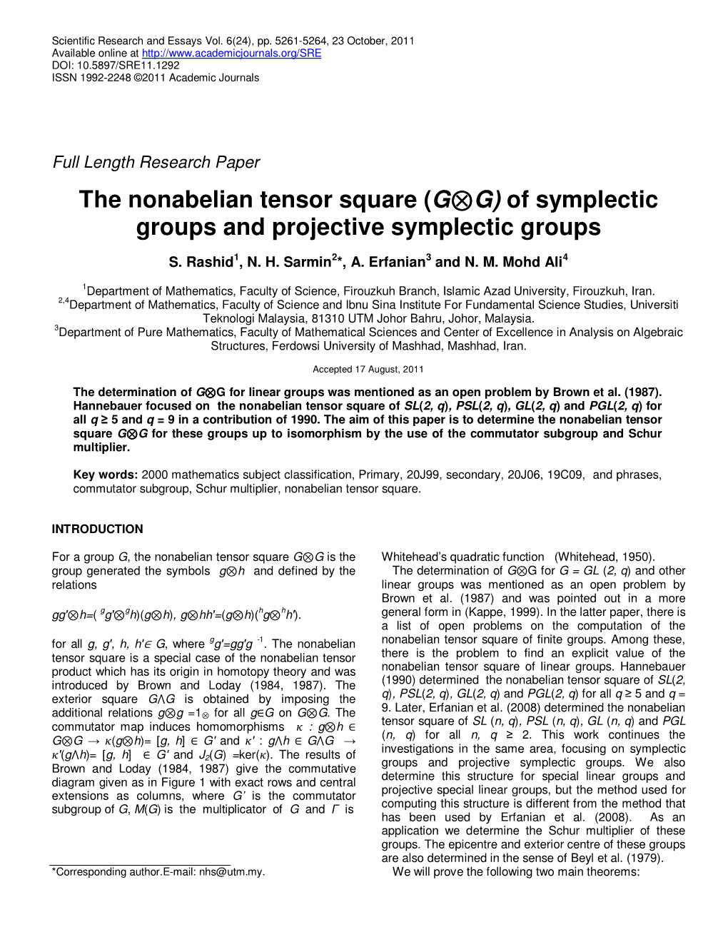 The Nonabelian Tensor Square (G⊗G) of Symplectic Groups and Projective