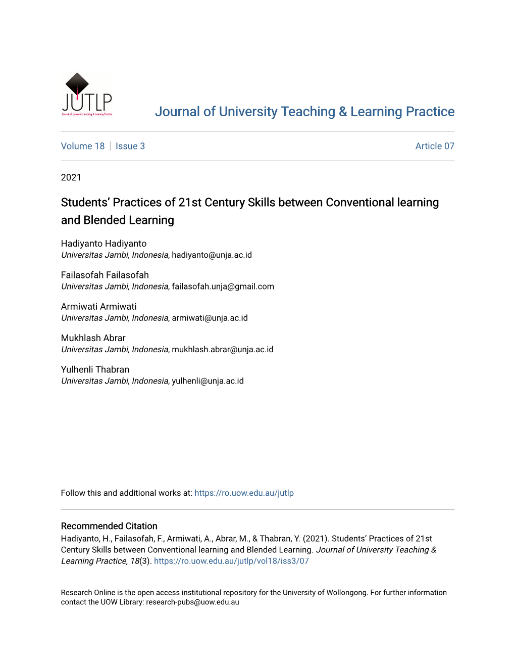 Students' Practices of 21St Century Skills Between Conventional Learning and Blended Learning