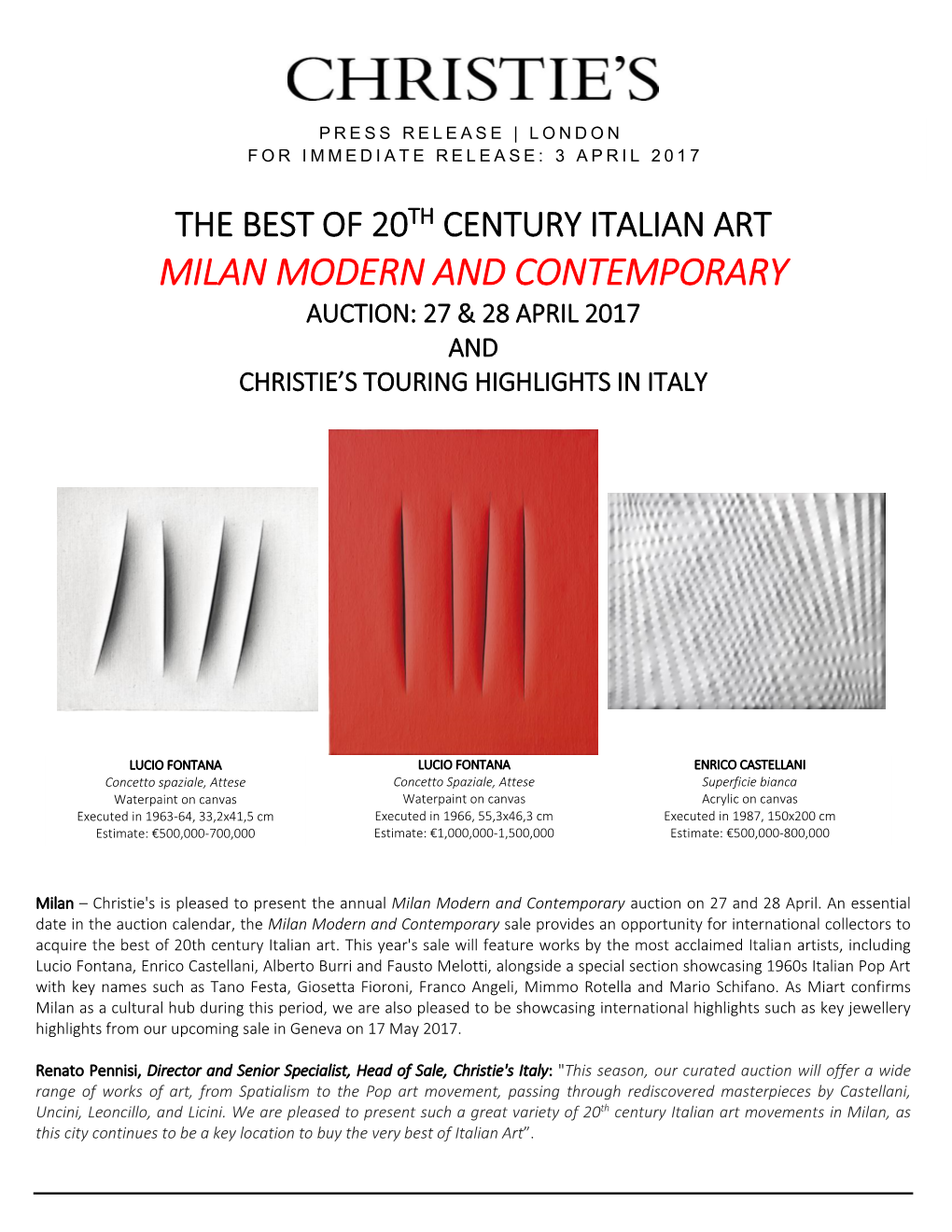 Milan Modern and Contemporary Auction: 27 & 28 April 2017 and Christie’S Touring Highlights in Italy