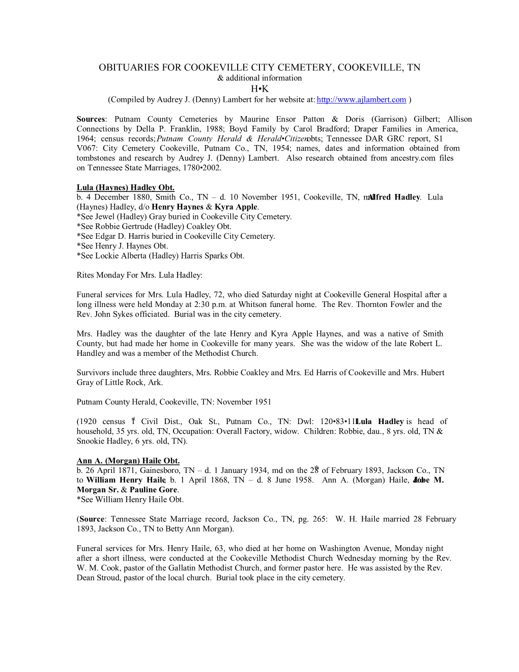 OBITUARIES for COOKEVILLE CITY CEMETERY, COOKEVILLE, TN & Additional Information H•K (Compiled by Audrey J