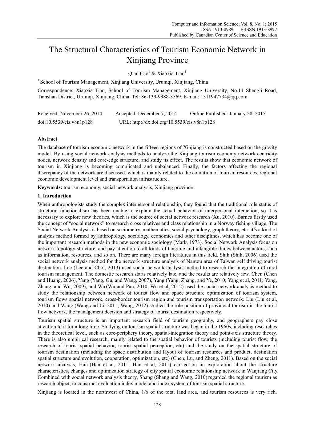 The Structural Characteristics of Tourism Economic Network in Xinjiang Province