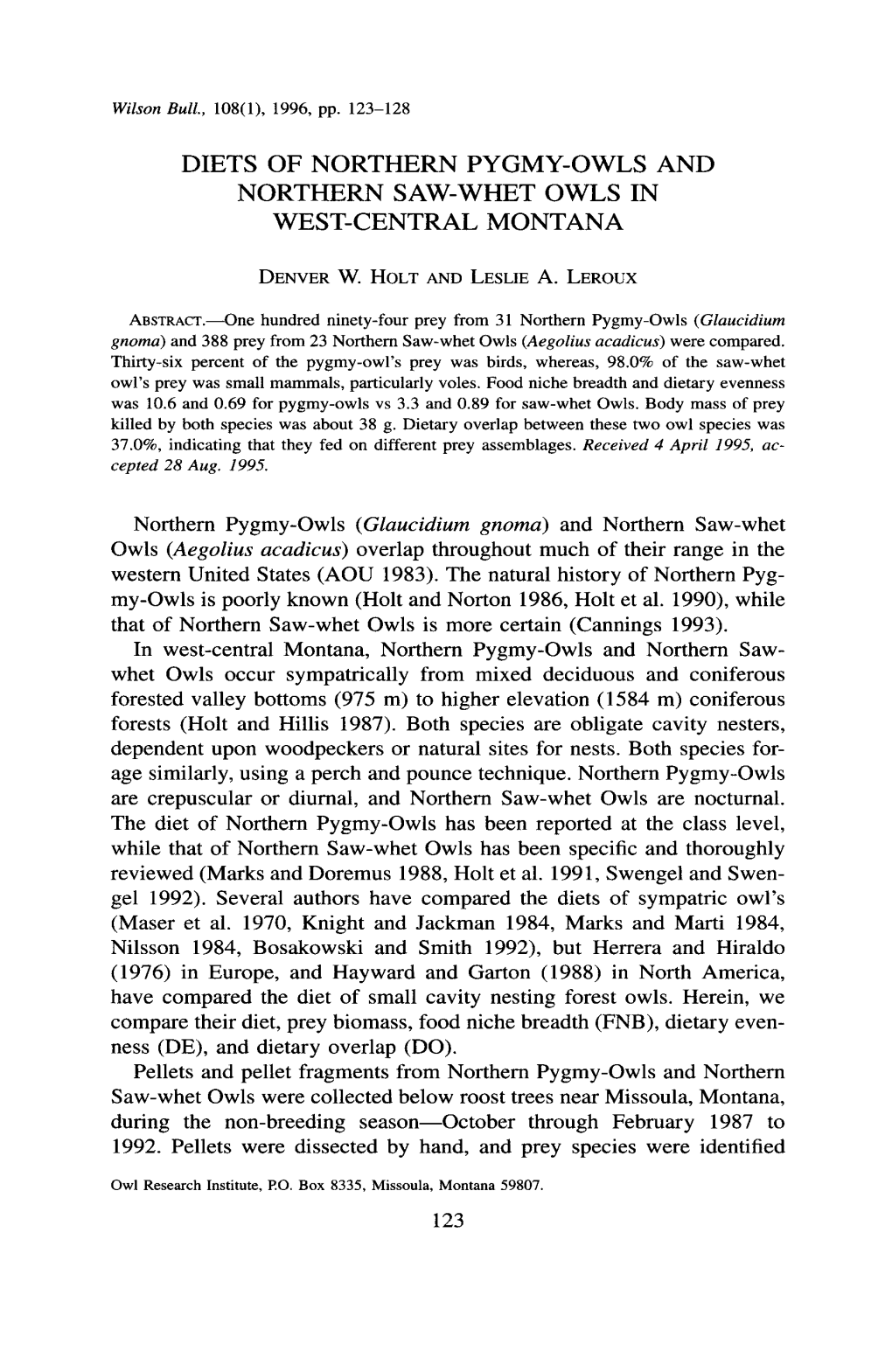 Diets of Northern Pygmy-Owls and Northern Saw-Whet Owls in West-Central Montana