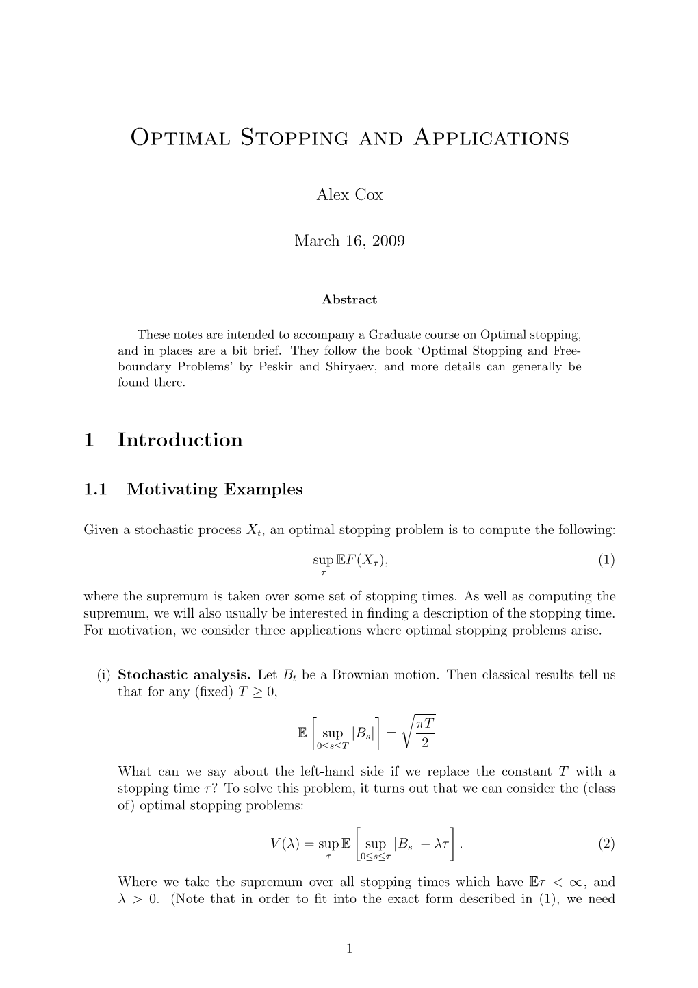 Optimal Stopping and Applications