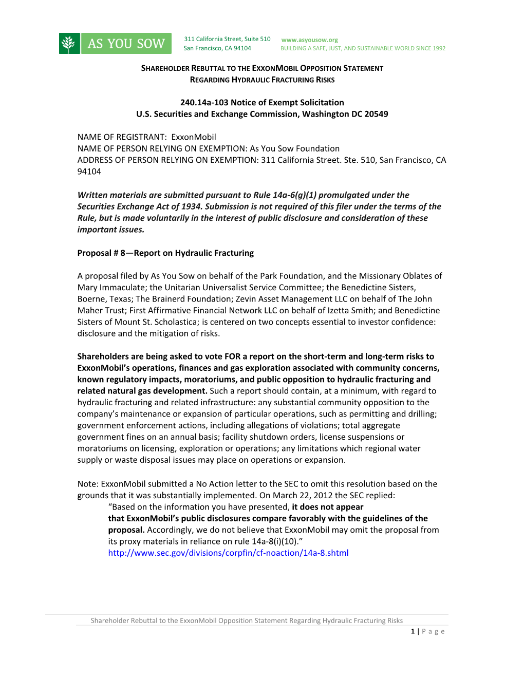 Exxonmobil Opposition Statement Regarding Hydraulic Fracturing Risks