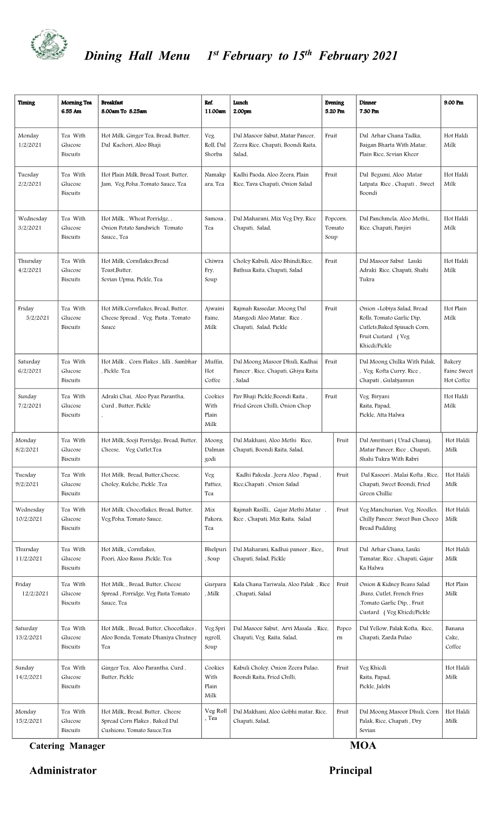 Dining Hall Menu 1St February to 15Th February 2021