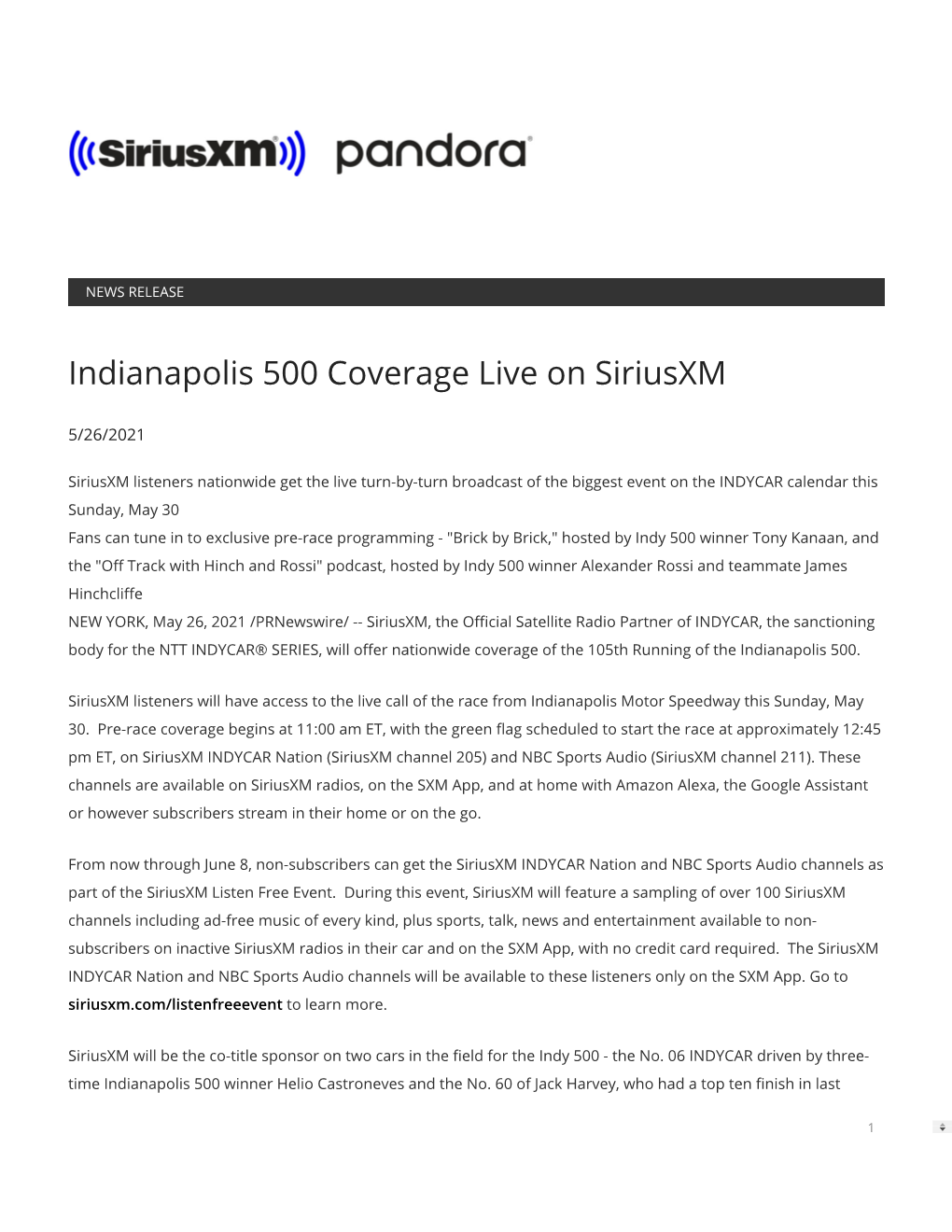 Indianapolis 500 Coverage Live on Siriusxm