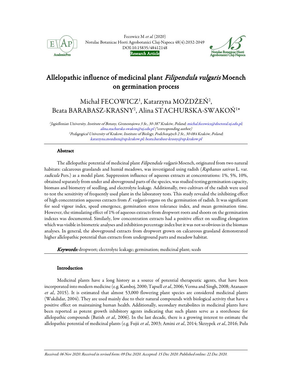 Allelopathic Influence of Medicinal Plant Filipendula Vulgaris Moench on Germination Process