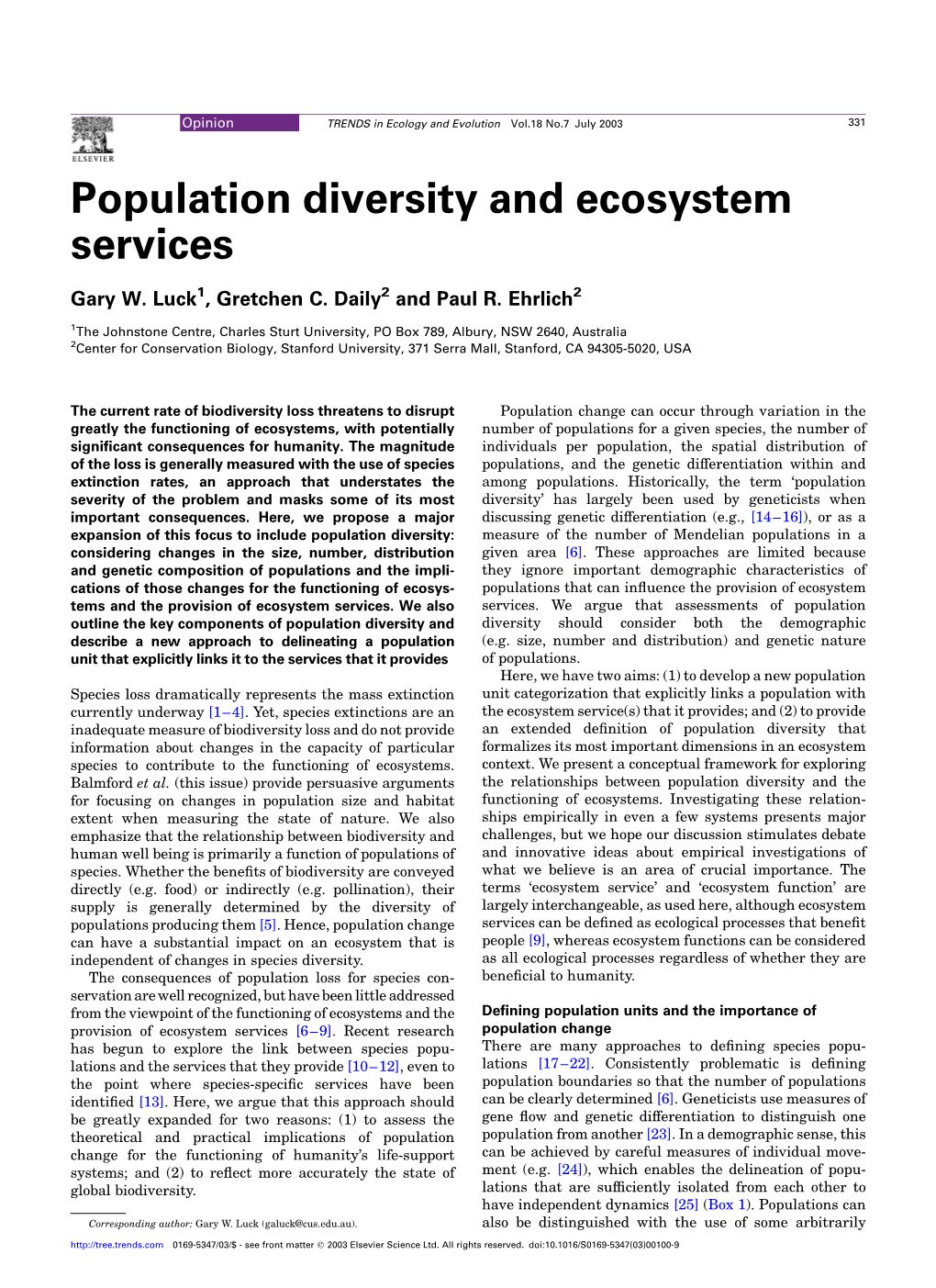 Population Diversity and Ecosystem Services