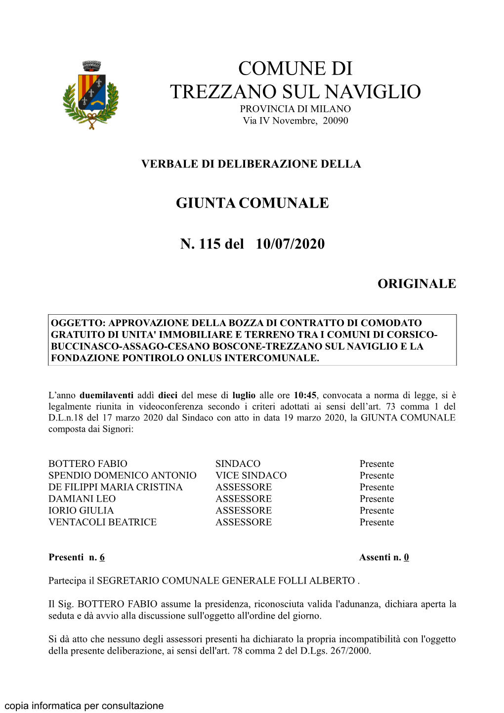 GIUNTA COMUNALE N. 115 Del 10/07/2020 ORIGINALE