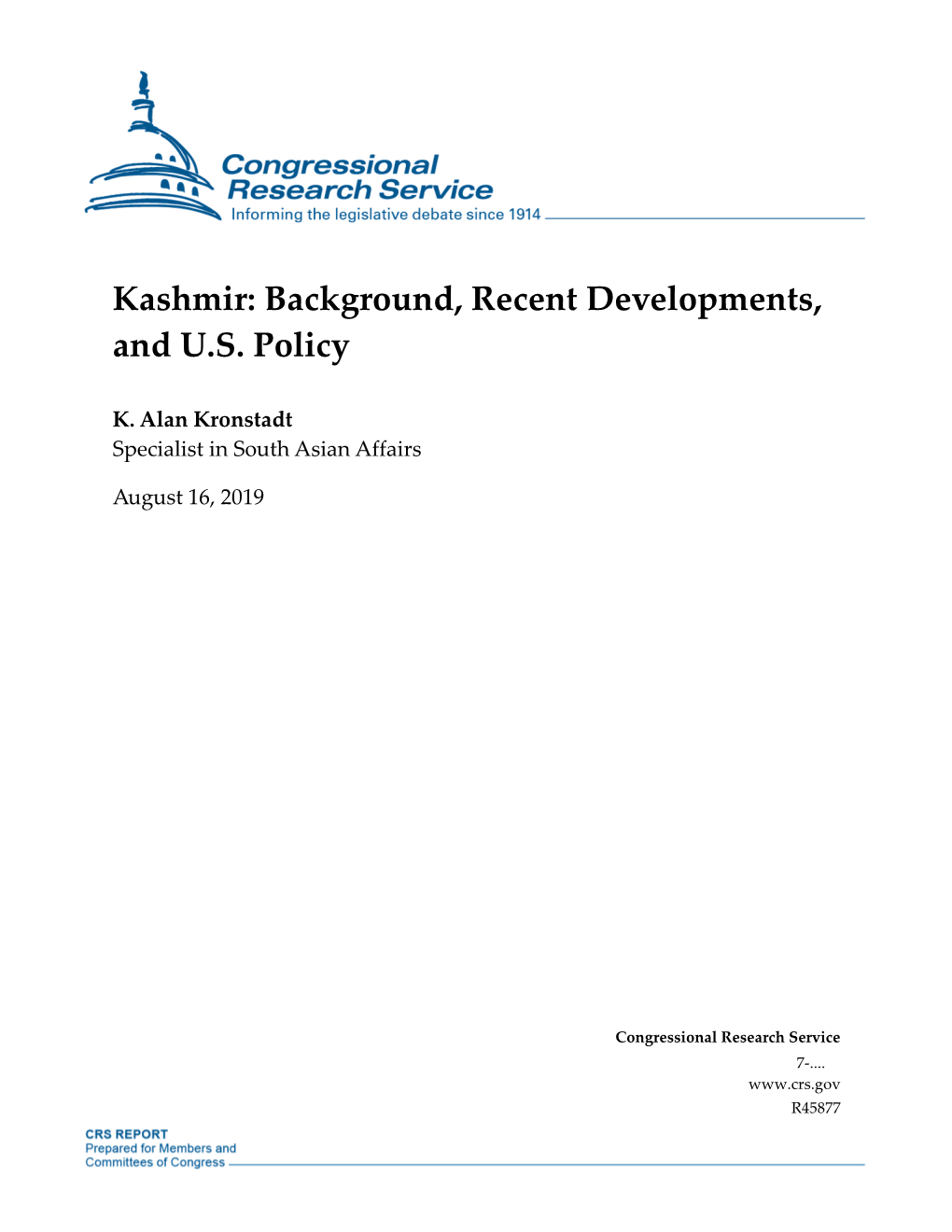 Kashmir: Background, Recent Developments, and U.S