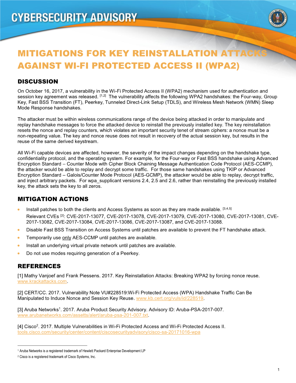 Mitigations for Key Reinstallation Attacks Against Wi-Fi Protected Access Ii (Wpa2)