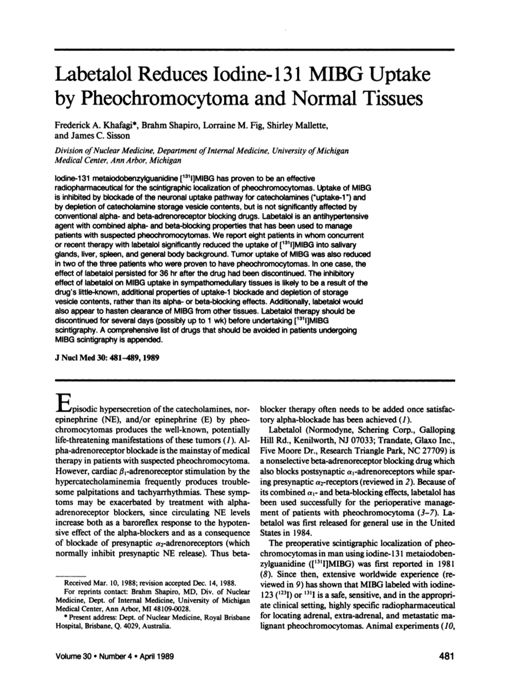 Labetalol Reduces Iodine- 131MIBG Uptake by Pheochromocytoma And