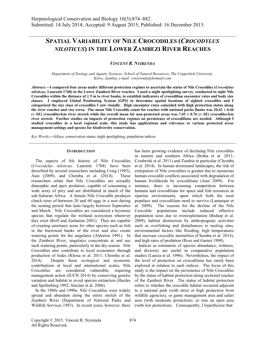 Spatial Variability of Nile Crocodiles (Crocodylus Niloticus) in the Lower Zambezi River Reaches