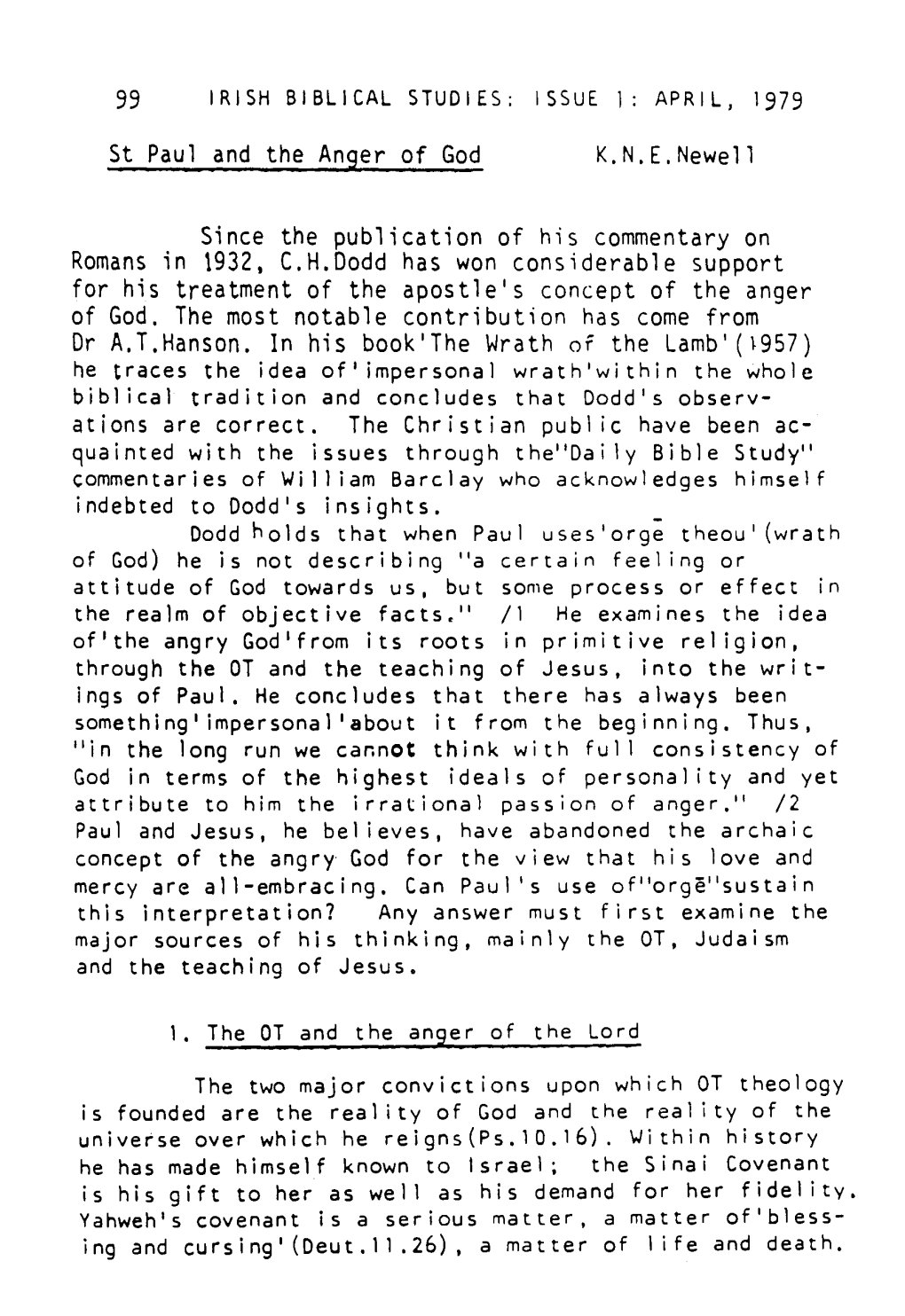 K.N.E. Newell, "Paul and the Anger of God," Irish Biblical Studies