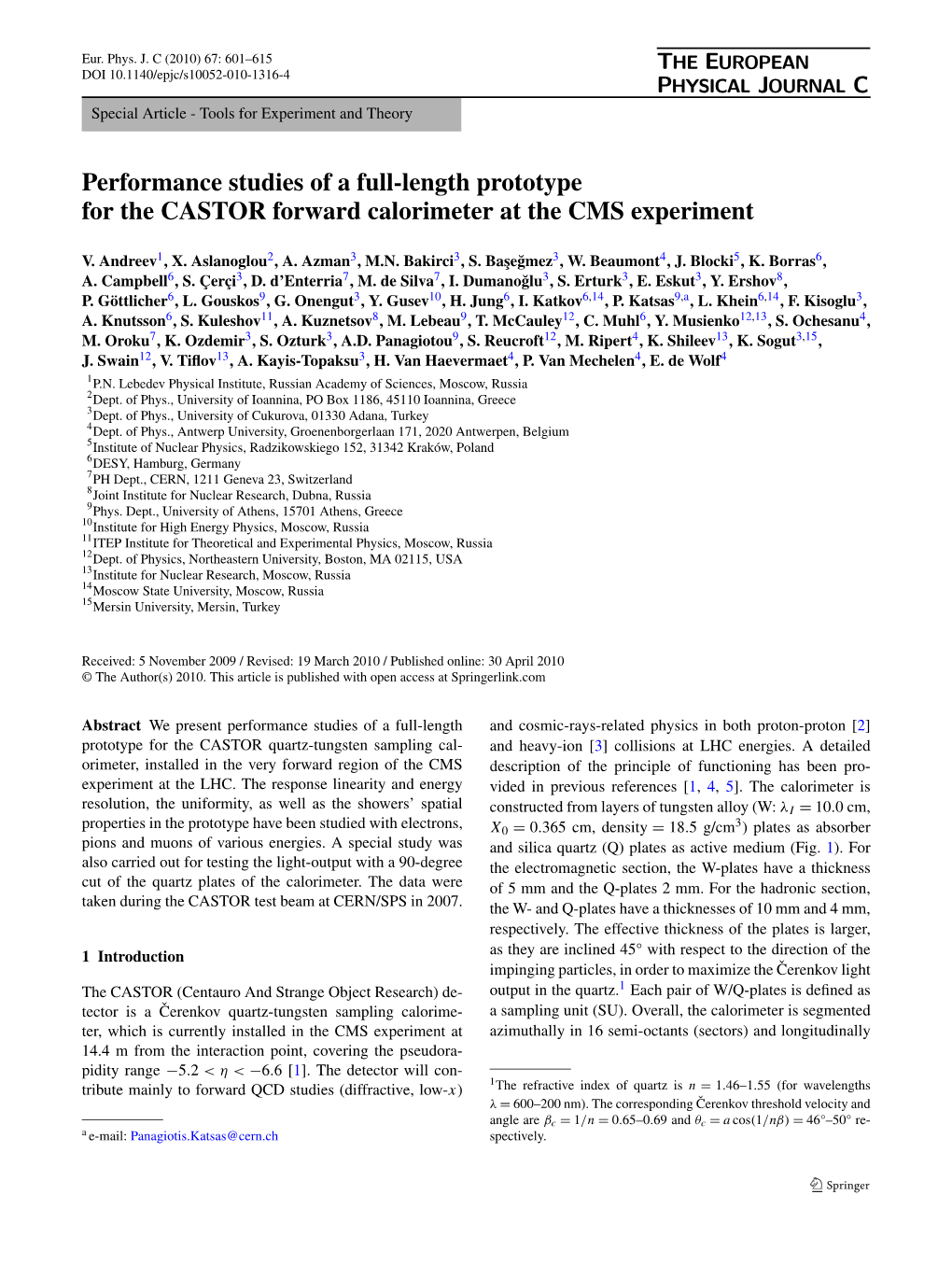 Performance Studies of a Full-Length Prototype for the CASTOR Forward Calorimeter at the CMS Experiment