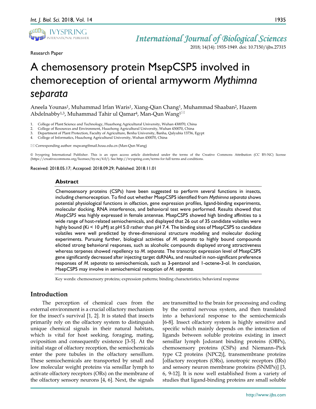 A Chemosensory Protein Msepcsp5 Involved in Chemoreception Of