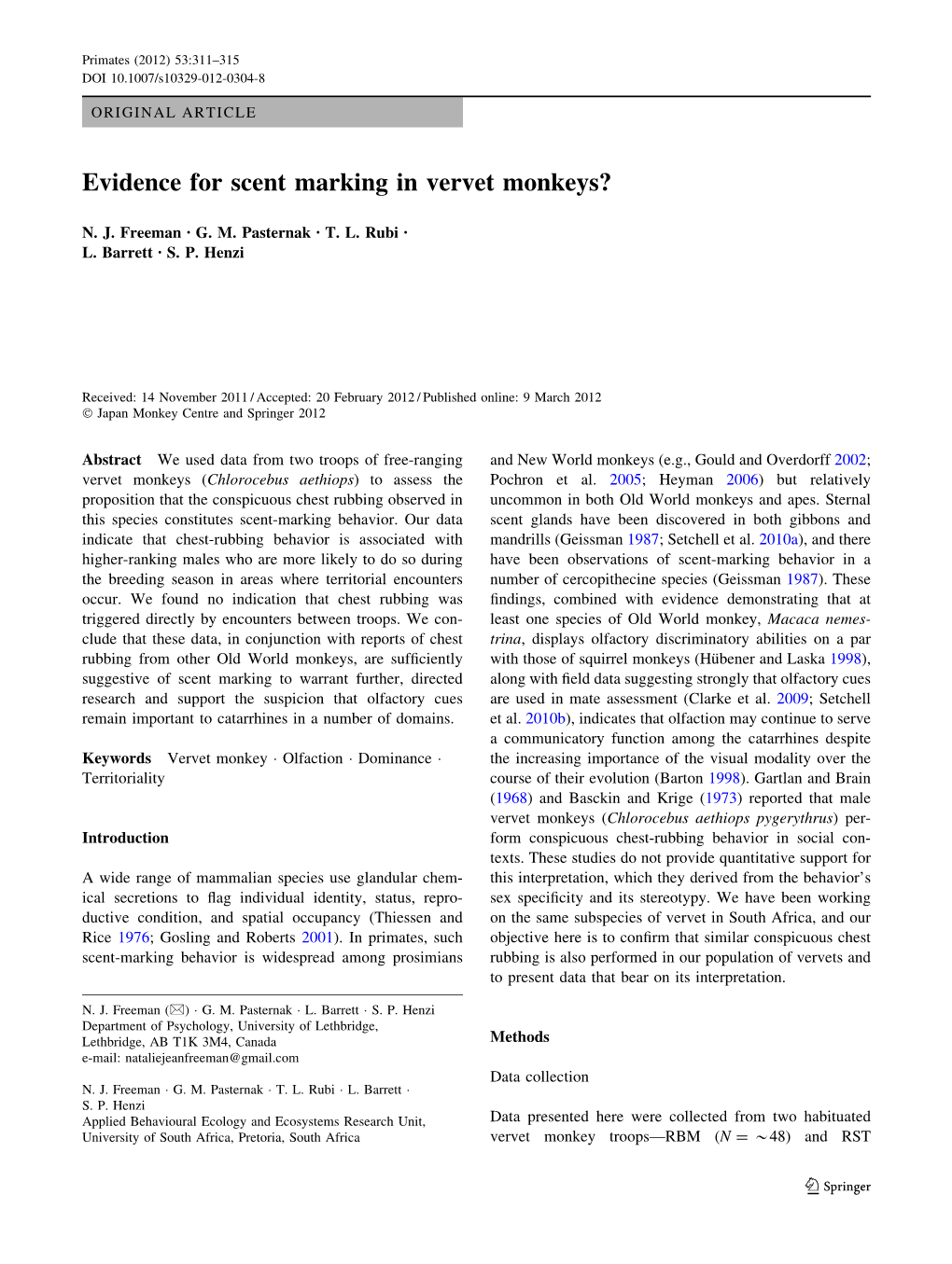 Evidence for Scent Marking in Vervet Monkeys?