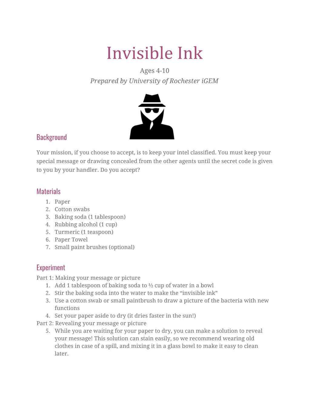 Invisible Ink Ages 4-10 Prepared by University of Rochester Igem