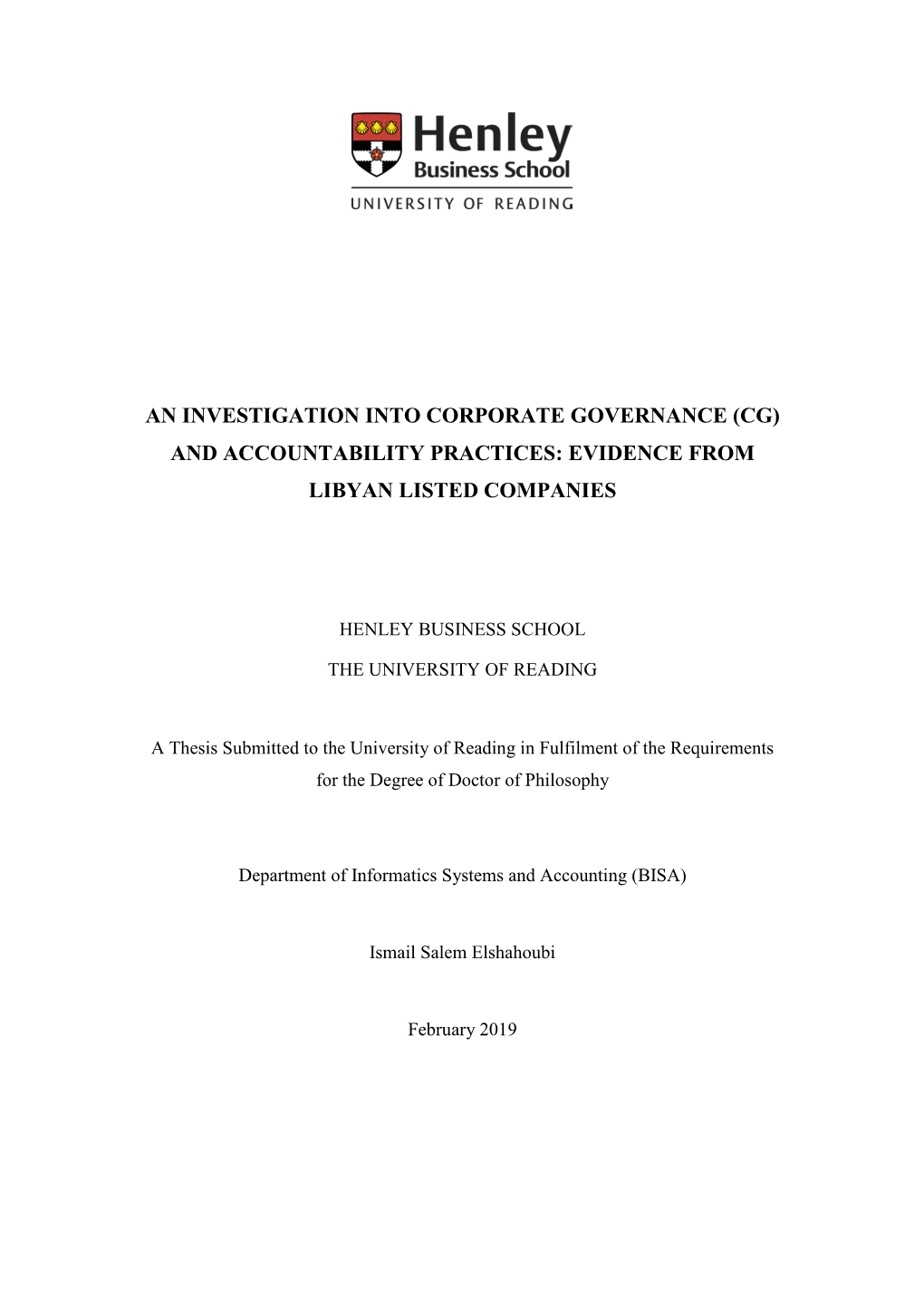 An Investigation Into Corporate Governance (Cg) and Accountability Practices: Evidence from Libyan Listed Companies