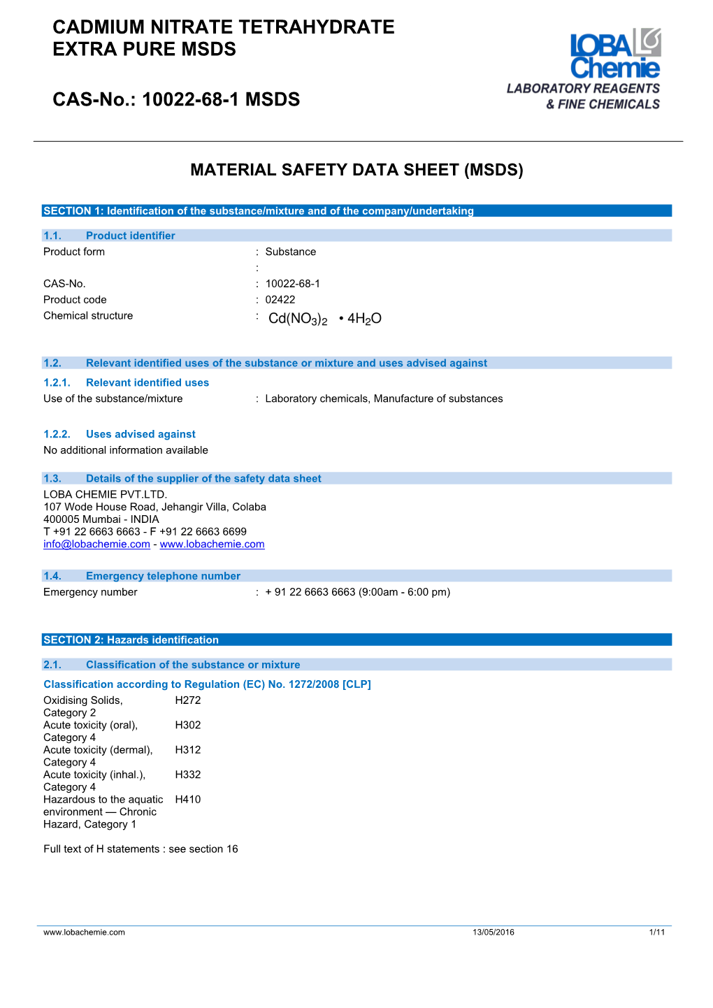 Cadmium Nitrate Tetrahydrate Extra Pure Msds