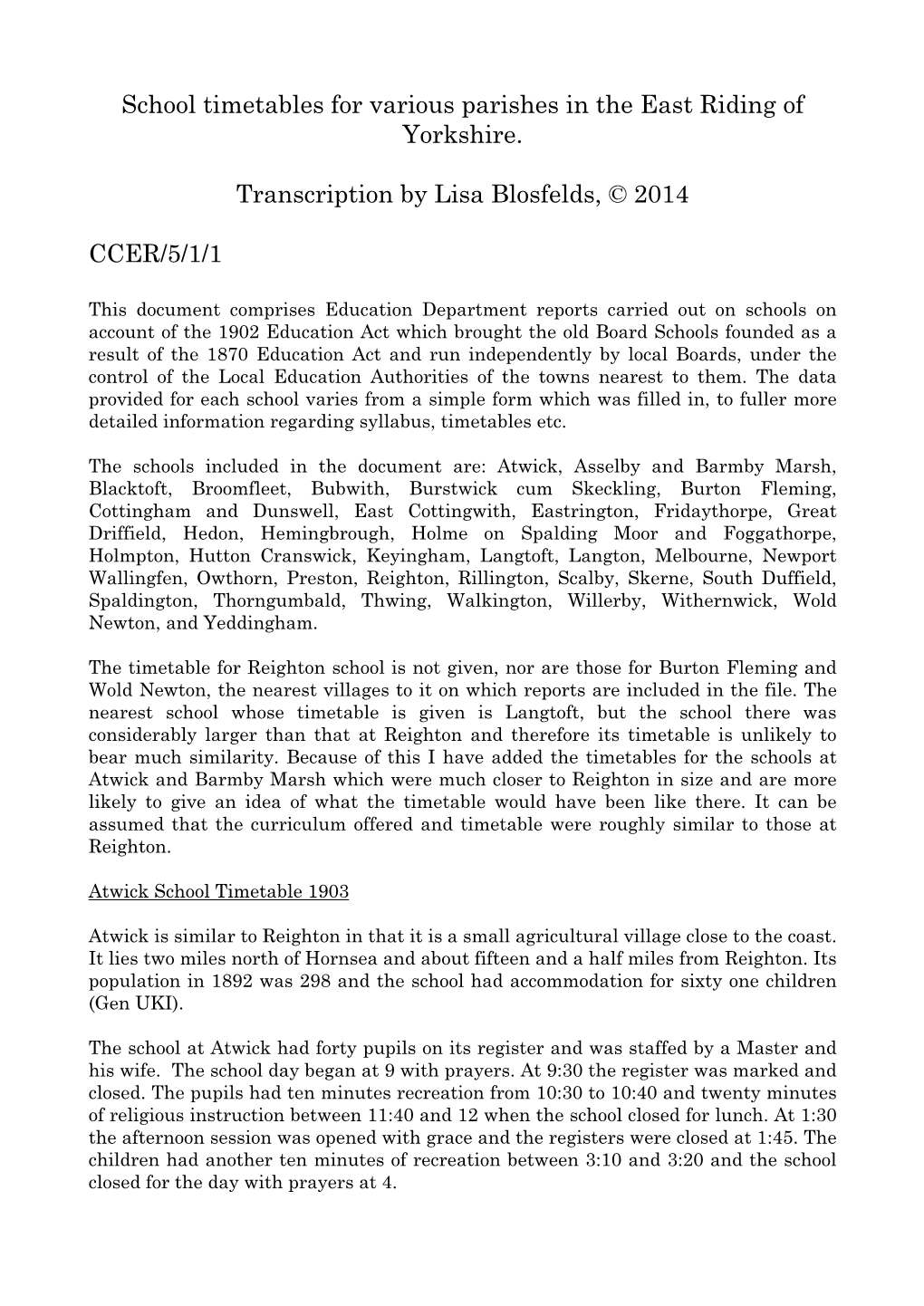 School Timetables for Various Parishes in the East Riding of Yorkshire