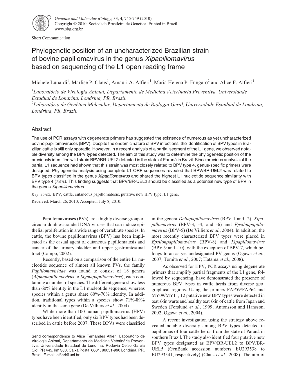 Phylogenetic Position of an Uncharacterized Brazilian Strain of Bovine Papillomavirus in the Genus Xipapillomavirus Based on Sequencing of the L1 Open Reading Frame