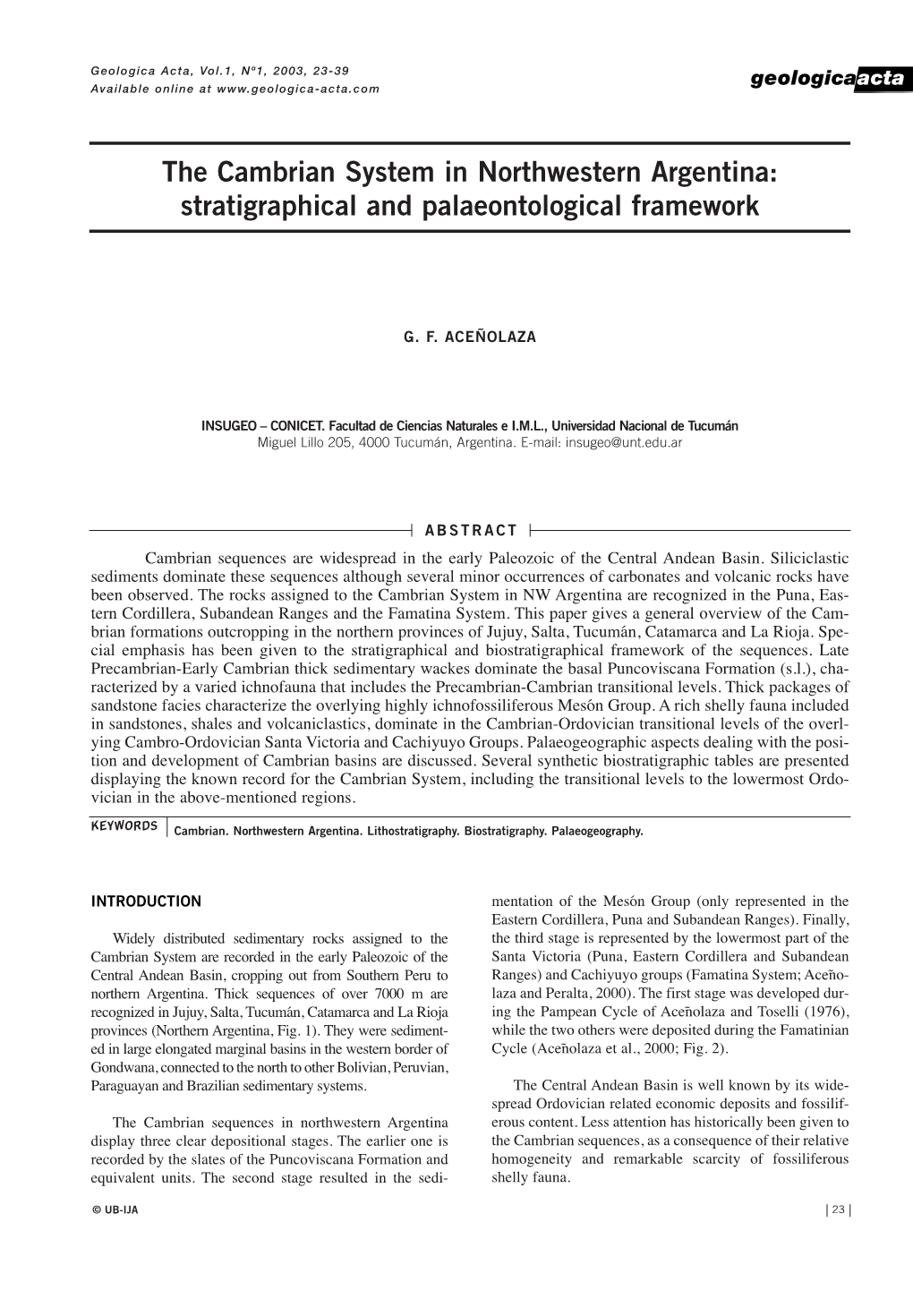 The Cambrian System in Northwestern Argentina: Stratigraphical and Palaeontological Framework