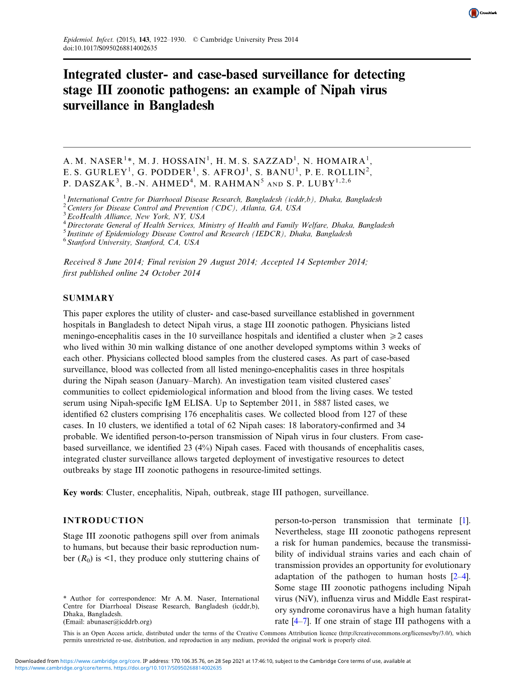 Integrated Cluster- and Case-Based Surveillance for Detecting Stage III Zoonotic Pathogens: an Example of Nipah Virus Surveillance in Bangladesh