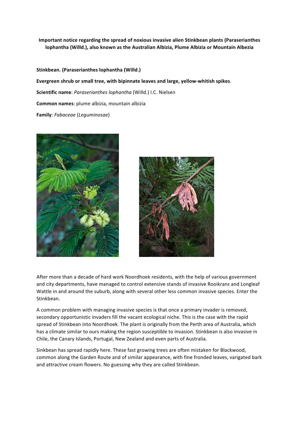 Important Notice Regarding the Spread of Noxious Invasive Alien