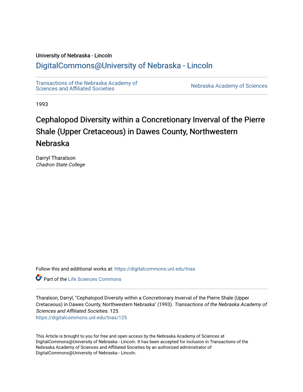 Cephalopod Diversity Within a Concretionary Inverval of the Pierre Shale (Upper Cretaceous) in Dawes County, Northwestern Nebraska