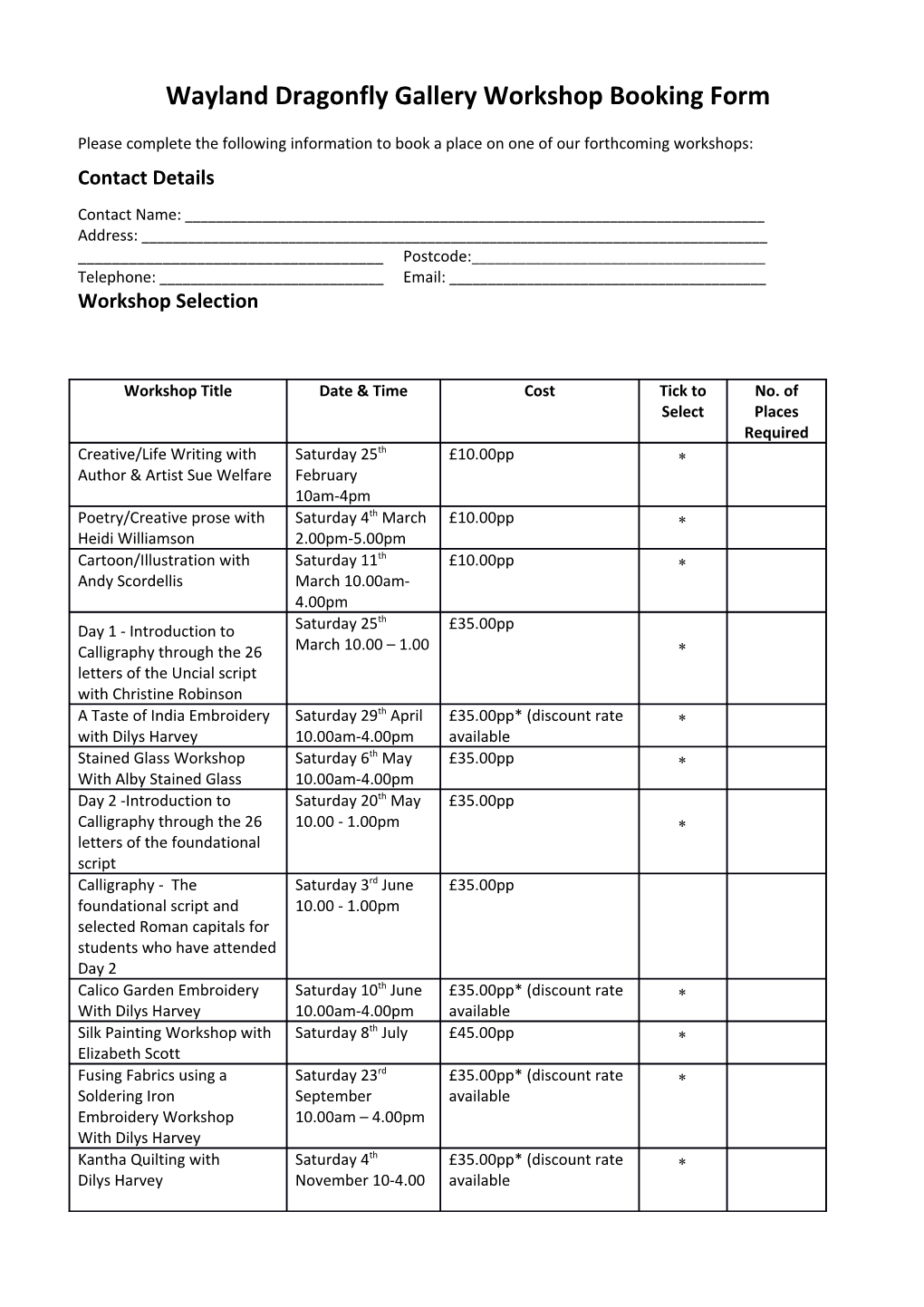Wayland Dragonfly Gallery Workshop Booking Form