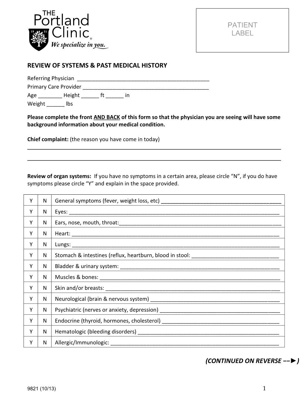 Review of Systems & Past Medical History