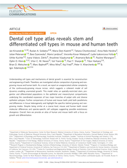 S41467-020-18512-7 OPEN Dental Cell Type Atlas Reveals Stem and Differentiated Cell Types in Mouse and Human Teeth