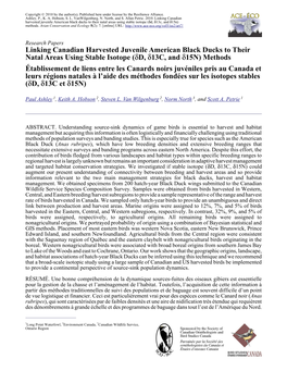 Linking Canadian Harvested Juvenile American Black Ducks to Their Natal Areas Using Stable Isotope ( D, 13C, and 15N) Methods