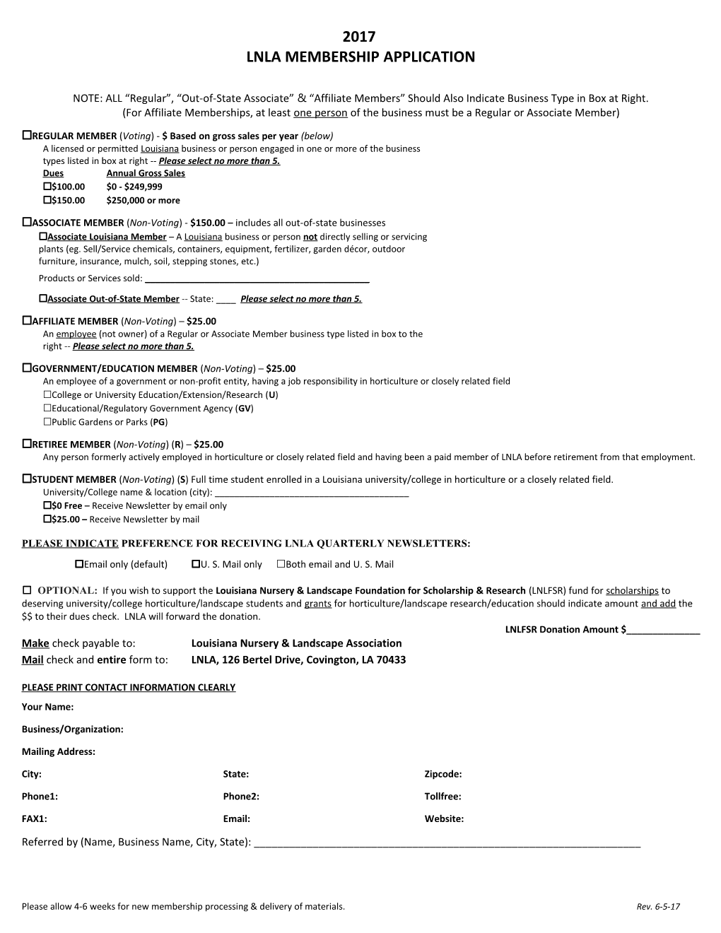 Lnla Membership Application