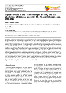 Migration Wars in the Traditional Igbo Society and the Challenges of National Security: the Abakaliki Experience, 1800-1920