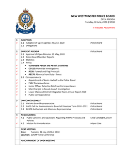 NEW WESTMINSTER POLICE BOARD OPEN AGENDA Tuesday, 30 June, 2020 @ 0930
