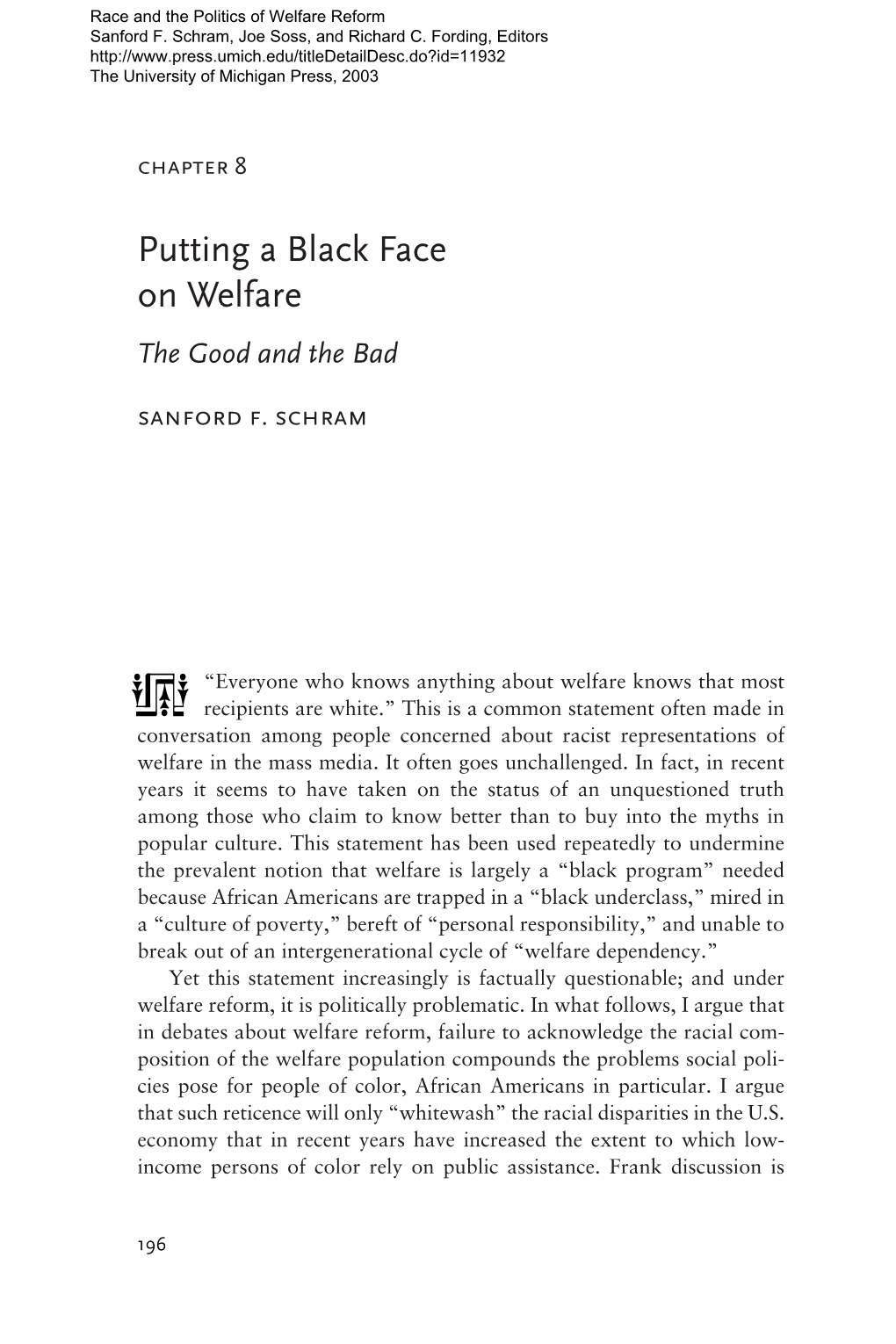 Race and the Politics of Welfare Reform Sanford F