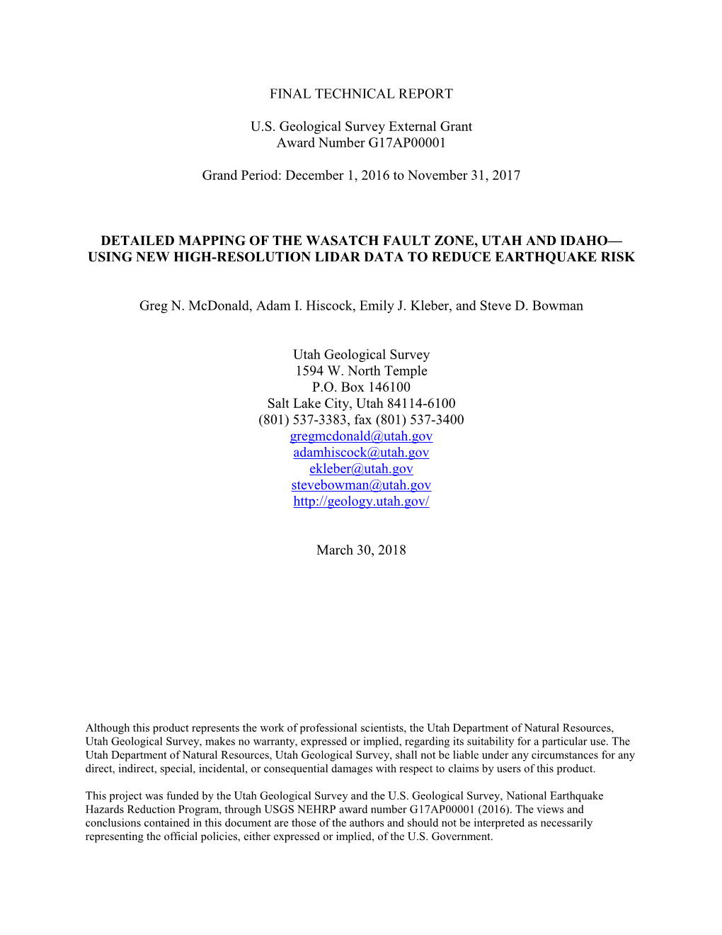 FINAL TECHNICAL REPORT U.S. Geological Survey External Grant