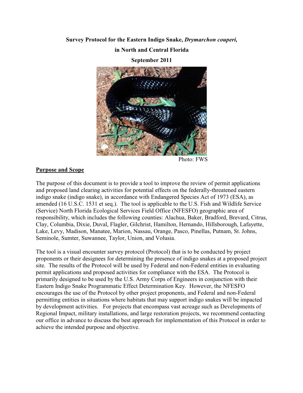 2011 USFWS North Florida ESO Eastern Indigo Snake Survey Protocol