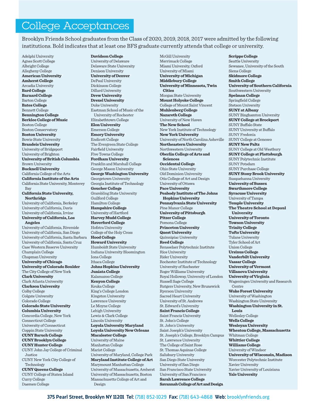 College Acceptances Brooklyn Friends School Graduates from the Class of 2020, 2019, 2018, 2017 Were Admitted by the Following Institutions