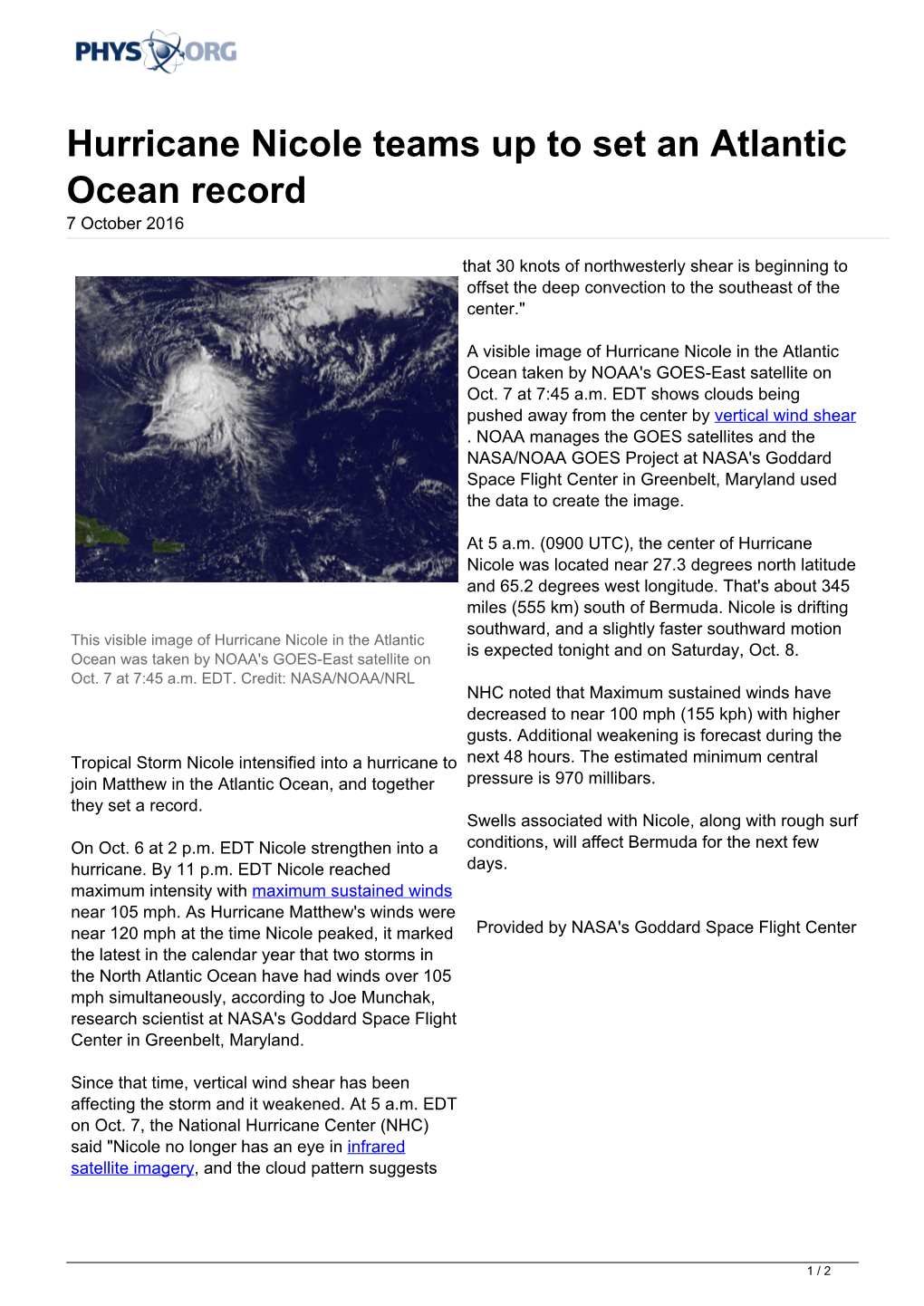 Hurricane Nicole Teams up to Set an Atlantic Ocean Record 7 October 2016