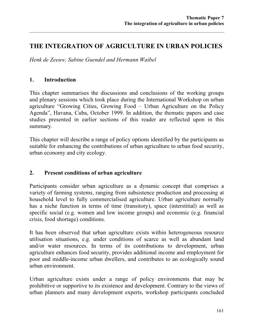 The Integration of Agriculture in Urban Policies